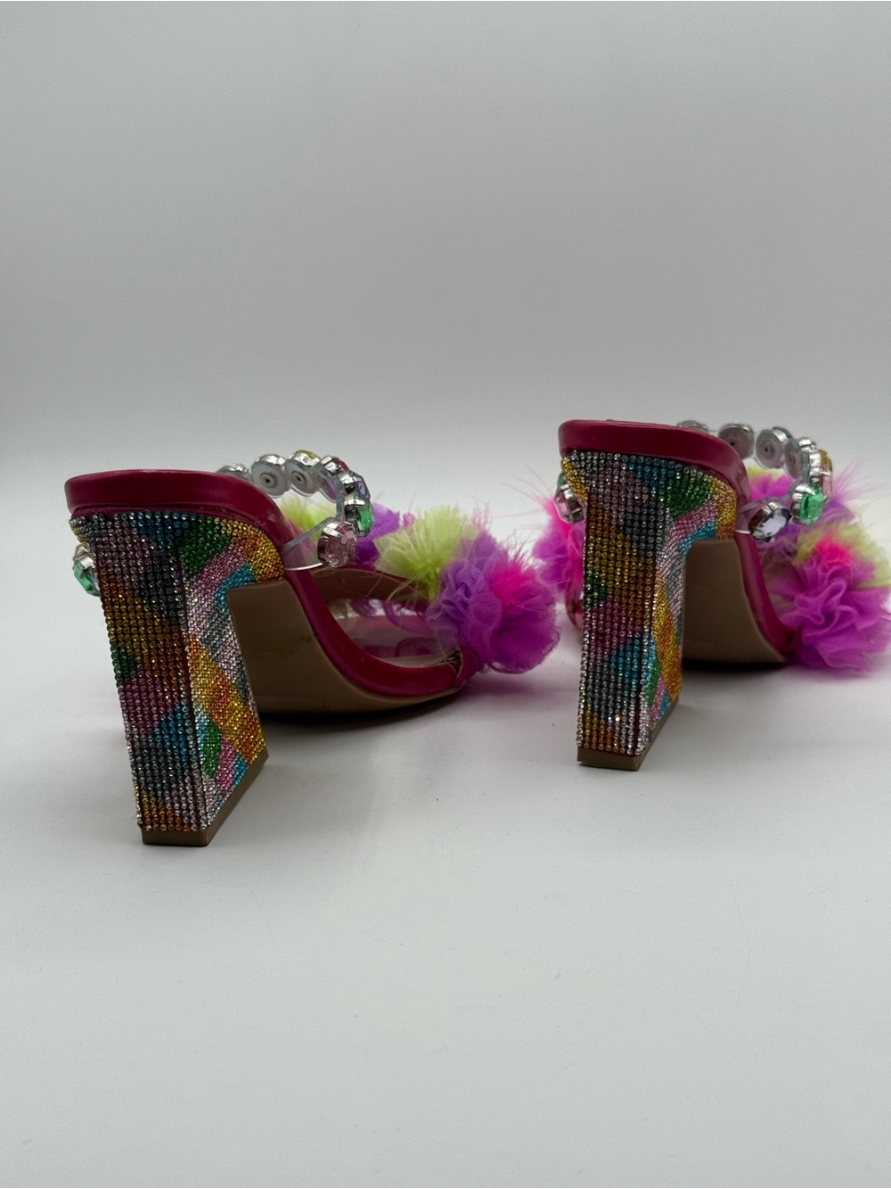 Betsey Johnson Attica Rhinestone Pink Embellished Sandals Pom Pom Statement Mule - Picture 12 of 17